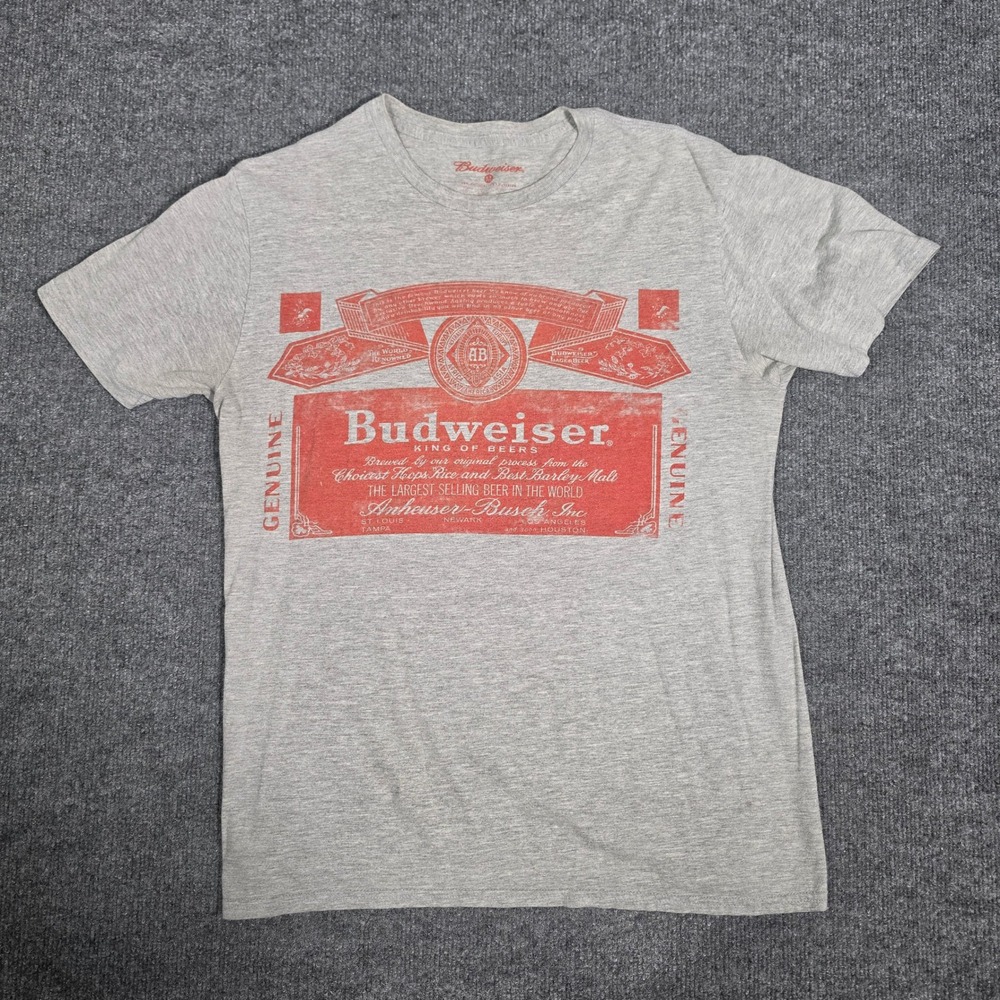 Budweiser King of Beers Graphic T-Shirt‎ Mens Medium Heather Gray Red Label Tee